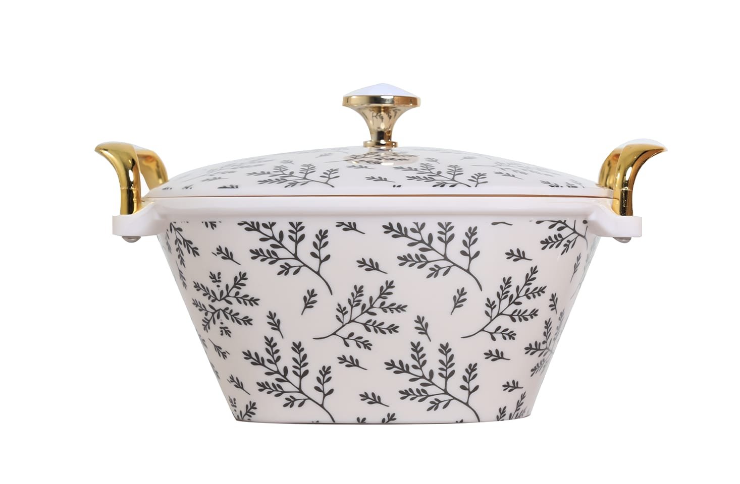Covered serving bowl with gold-tone handles