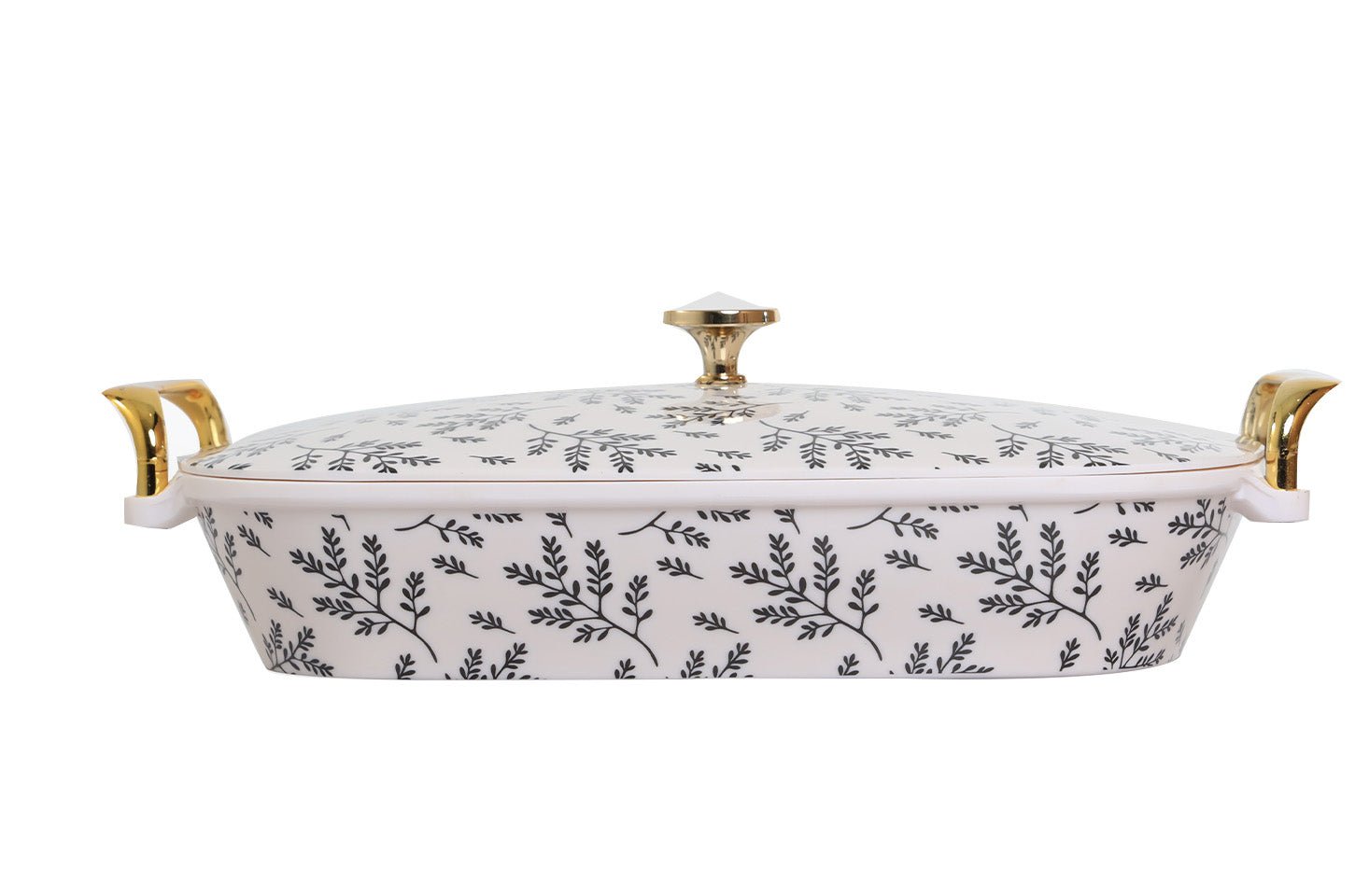 Oval covered serving dish with gold-tone handles