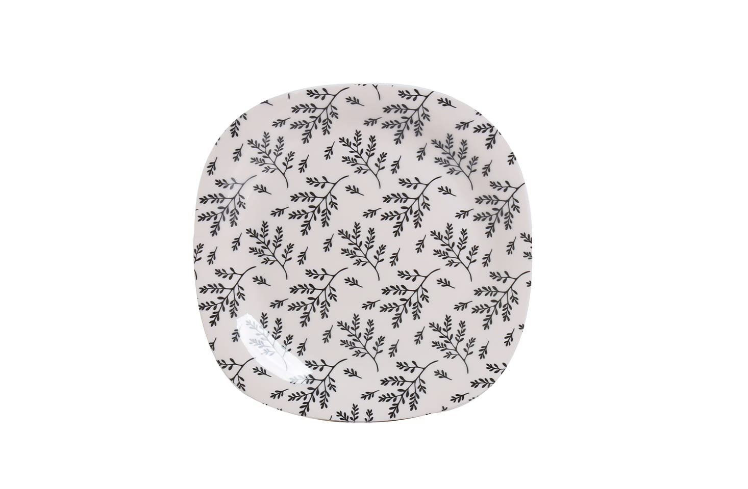 Square dinner plate with black botanical leaf pattern