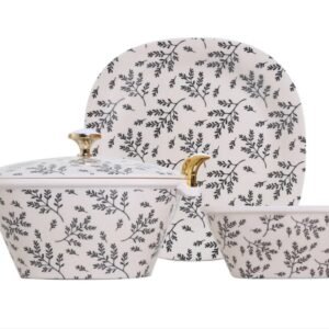 Black Leaf Dinner Set with Gold Accents, matching plate and serving bowls